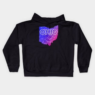 Colorful mandala art map of Ohio with text in blue and violet Kids Hoodie